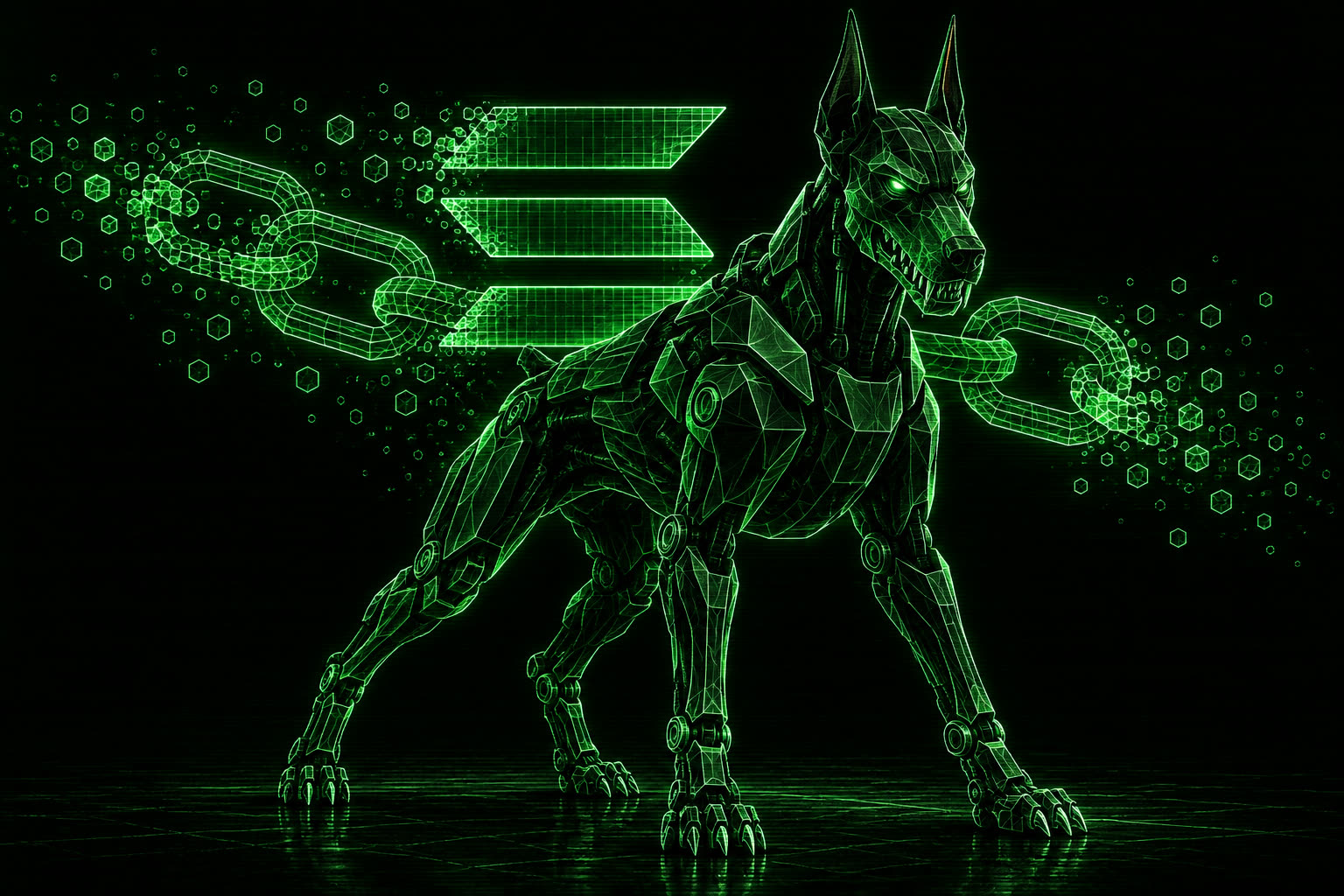 The cachorro — a wireframe guard dog in neon phosphor green, chained to a Solana program